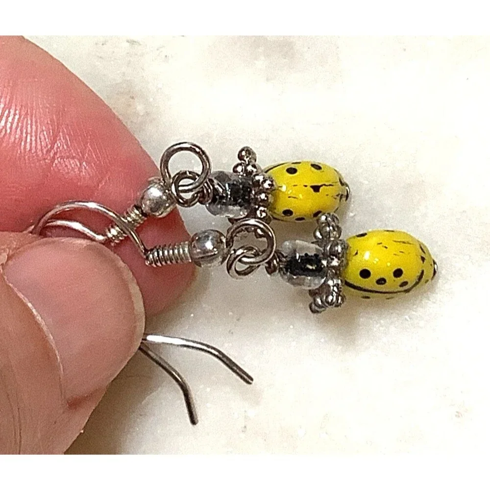 Yellow Ladybug Earrings Glass Beads with Silver Hook Wires
